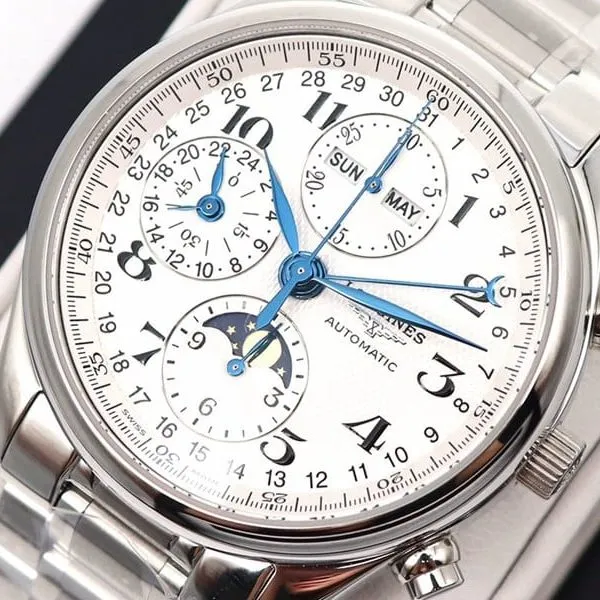 GL factory replicaLongines watch famous eight-pin moon phase7751white dialsteel bracelet front view