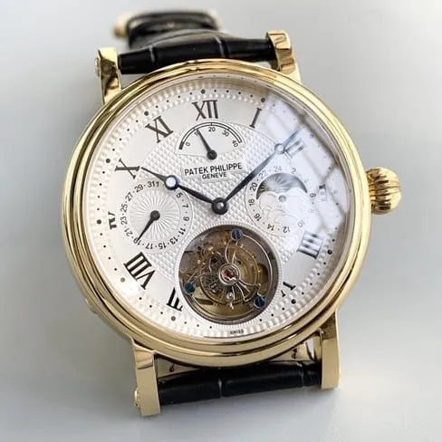 Patek Philippetop-tier watch men's white dial black belt tourbillon automatic complex function series leather strap watch front view