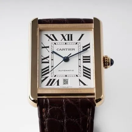 AF Factorytop-tier replicaCartier men's white dial brown belt tank series mechanical watch front view