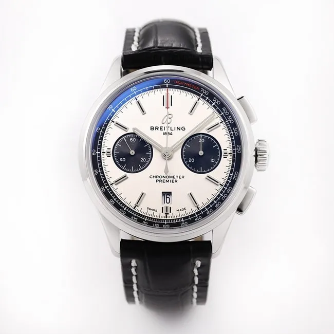 GF Factorytop-tier watch Breitling B01chronograph men's white dial black belt v2 upgraded version automatic movementleather strap watch front view