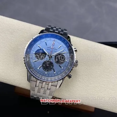 collectible watch BreitlingBLS factory aviation chronograph blue dialsteel bracelet front live photo