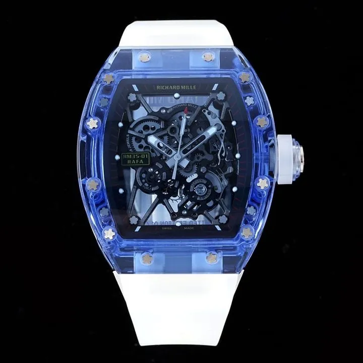 Richard Mille men's top-tier 1:1super watch blue transparent hollow plate rubber model RM35-01front live photo