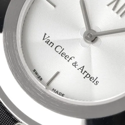 top-tier Van Cleef & Arpels women's white dial black belt quartzleather strap watch detail shots