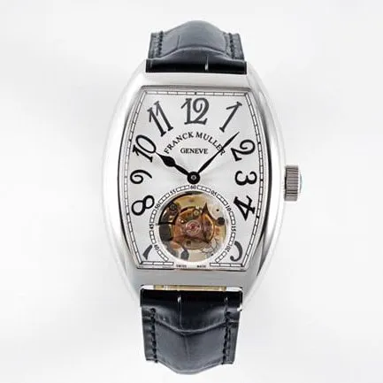Frankmuller top collectible watches latest men's white plate black strap tourbillon mechanical belt front view