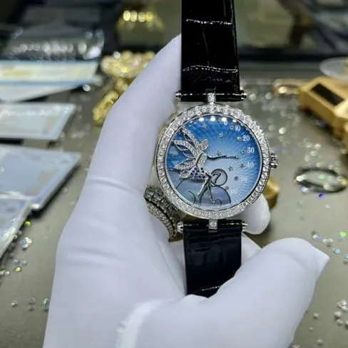top-tier watch Van Cleef & Arpels ladies blue dial black belt fairy series leather strap watch front view