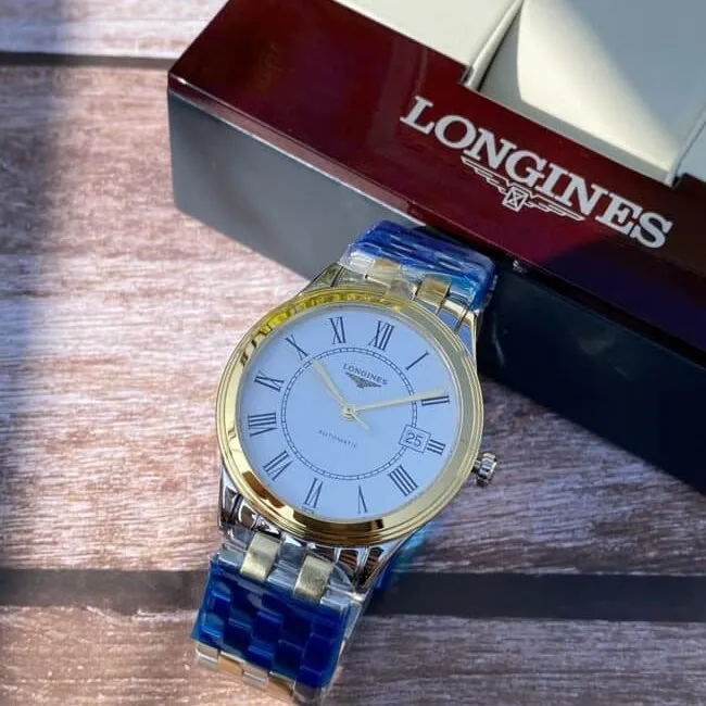 top-tiersuper cloneLongines military flag series white steel Swiss carved movement couple watch front view