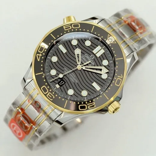 top-tier replicaOmega men's black dialsteel braceletSeamaster 300m series mechanical watch front view