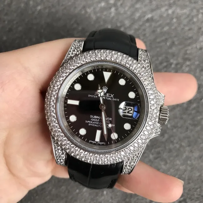 top-tier watch Rolex men's black dial black belt Submariner series fully automatic movementleather strap watch front view