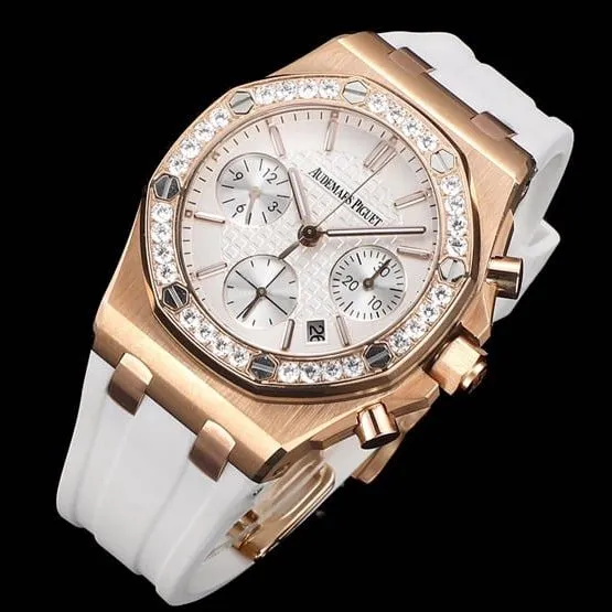 top-tier watch Audemars PiguetAudemars Piguet Royal Oak women's multifunctional chronograph white dial mechanical watch front view