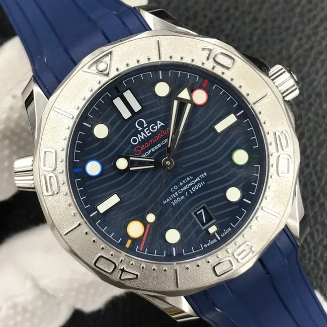 OR factory top-tier watch Omega men's blue dial blue belt Seamaster series watch front view