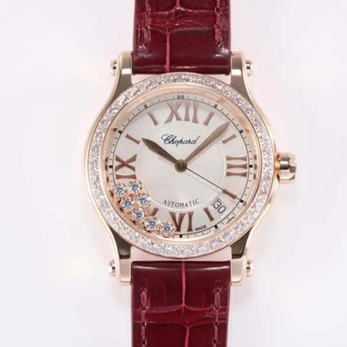 Top-tier watch Chopard women's white dial red band HAPPY DIAMONDS series mechanical watch front view