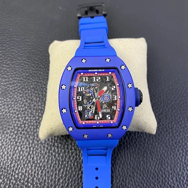 top-tier watch Richard MilleRM030 men's black dial blue rubber strapautomatic movement watch front view