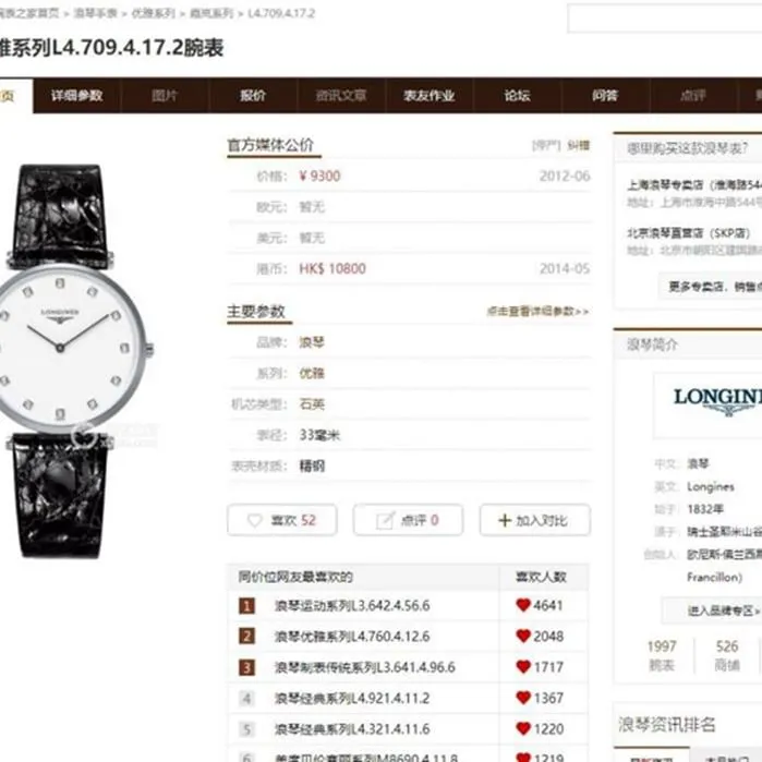 top-tier watch Longines couple watch white dial black belt Jialan series quartzleather strap watch front view
