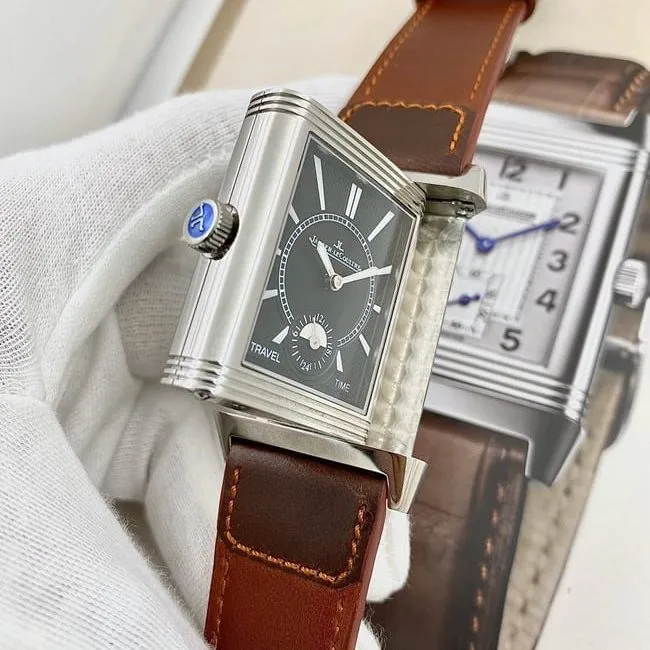 Jaeger-LeCoultretop-tier watch flip series manual winding white dial brown belt watch clasp picture