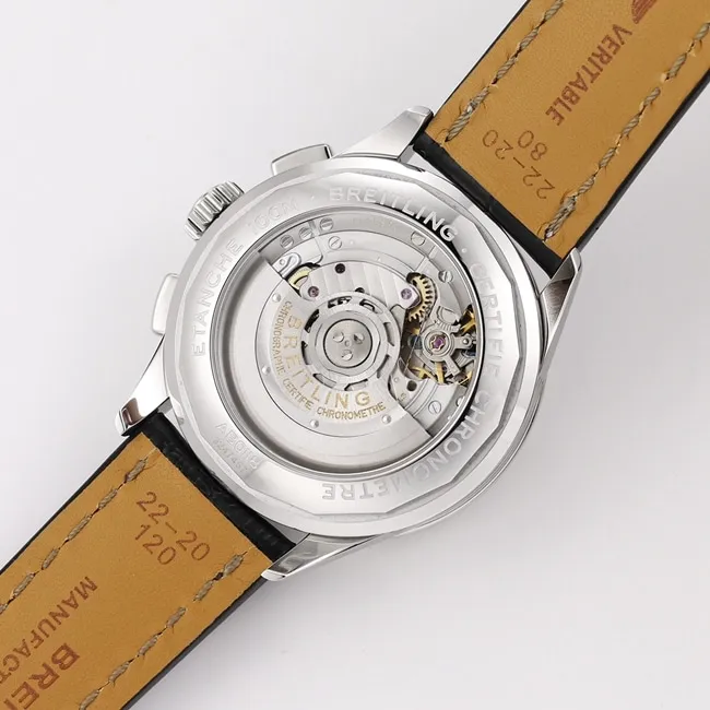 GF FactoryBreitlingtop-tier watch v2 upgraded version automatic movement men's black dial black leather strap watch front view
