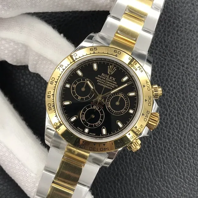 Top-tier watch Rolex universe chronograph Daytona men's black dial gold band automatic movement watch front view