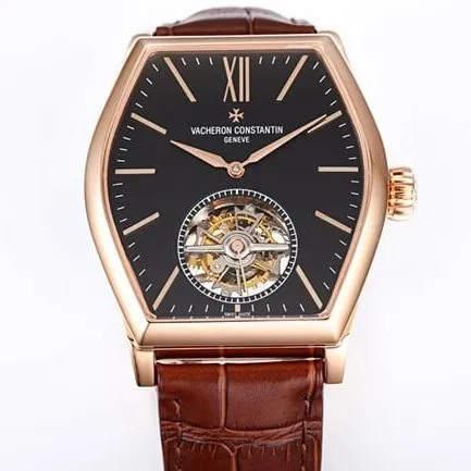 VCR factory top-tier watch Vacheron Constantin men's black dial brown belt Maltese tourbillon series mechanical watch front view