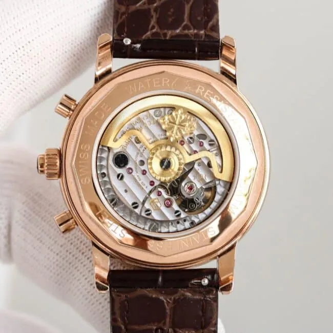 top-tier watch Patek Philippe rose gold white background complex function chronograph series men's mechanical watch front view