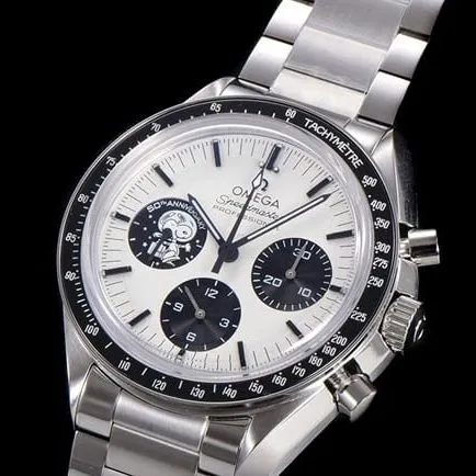 Top Omega Snoopy series men's white dial steel strap mechanical watch detail images