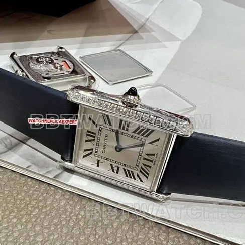 collectible watch tank DR factory Cartier silver white dialdiamond bezelquartz blue leather braceletfront live photo