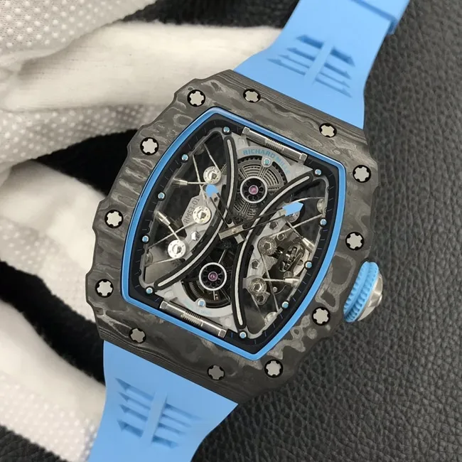 JB factory Richard Milletop-tier watch automatic movement genuine tourbillon men's black dial blue rubber strap watch front view