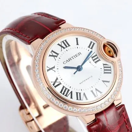 V6 factory top-tier watch Cartier automatic movement blue balloon series 33mm women's white dialleather strap watch front view
