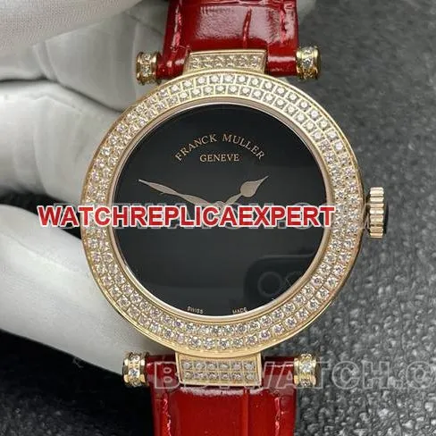 collectible watch frank mill quartz ABF factory black dial gold diamond bezel red leather braceletfront live photo