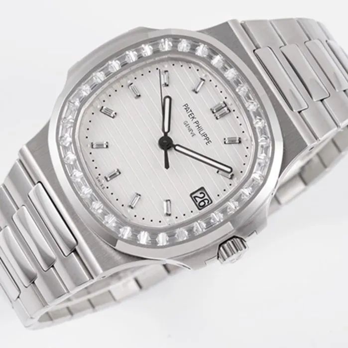 top-tier watch Patek Philippe men's white dialsteel bracelet watch front view