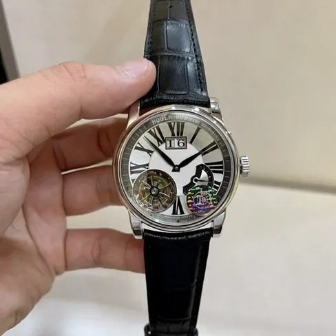 Top-tier watch Roger Dubuis men's white dial black belt 18kwhite goldtourbillon mechanical leather strap watch front view