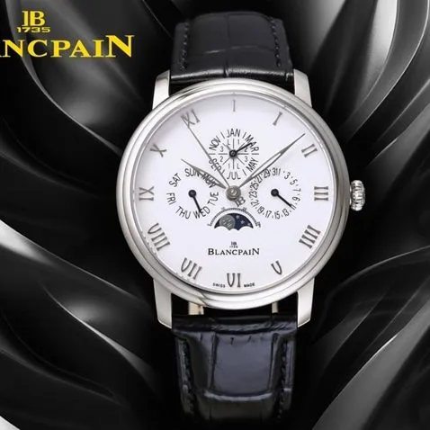 top-tier watch Blancpain men's white dial black belt classic series 6656 automatic movement watch front view