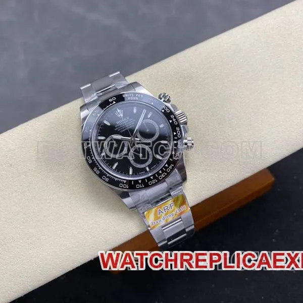 Real-life photos of the front of the ARF Factory Rolex Daytona with a black dial, spade-shaped hands, model 4131, and steel bracelet