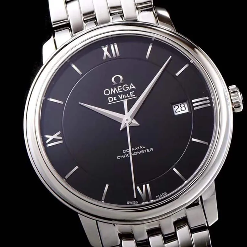 Omegatop-tiersuper watch De Ville series men's mechanical ultra-thin watch white steel black face detail shots