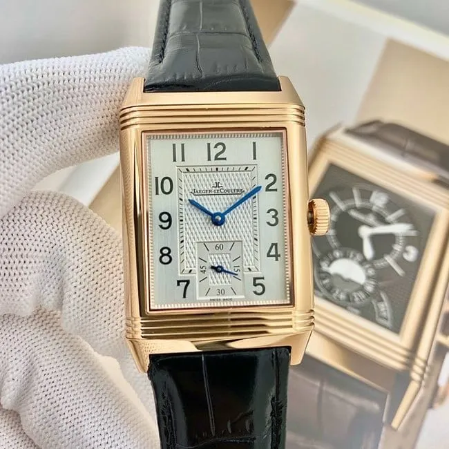 top-tier watch Jaeger-LeCoultre men's white dial flip series black belt manual winding watch side view