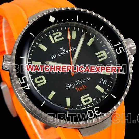 Blancpain collectible watch fifty fathoms black dial titanium mechanical orange rubber model front live photo
