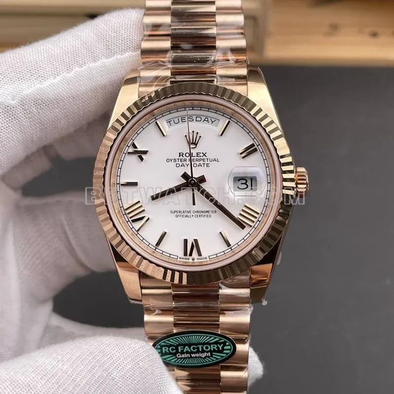 Rolex watch RC factory Day-Date40mmwhite dial3255rose goldsteel bracelet model side live photo