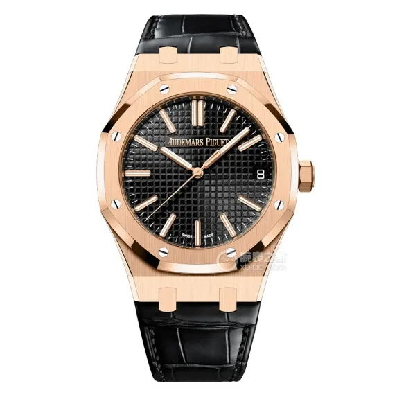 APS factory Audemars PiguetRoyal Oak1:1super cloneblack dialrose goldleather strap model 15510OR.OO.D002CR.02front live photo