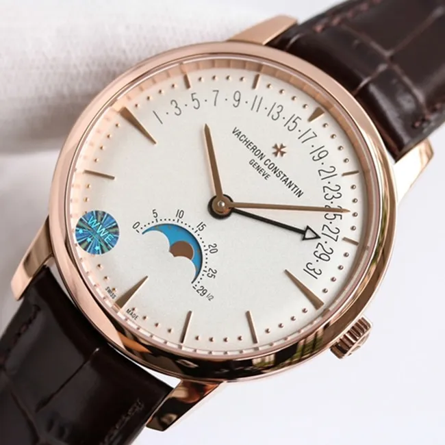 top-tier watch Vacheron Constantin men's white dial brown belt heritage series watch front view