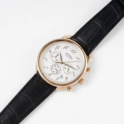 top-tier Hermès men's white dial black belt quartzleather strap watch detail shots