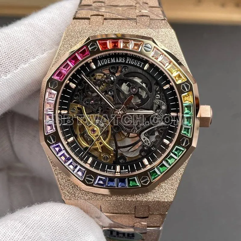 Audemars Piguet watch THB factory Royal Oak rainbow diamond bezel frost gold rose goldsteel bracelet model 15412front live photo