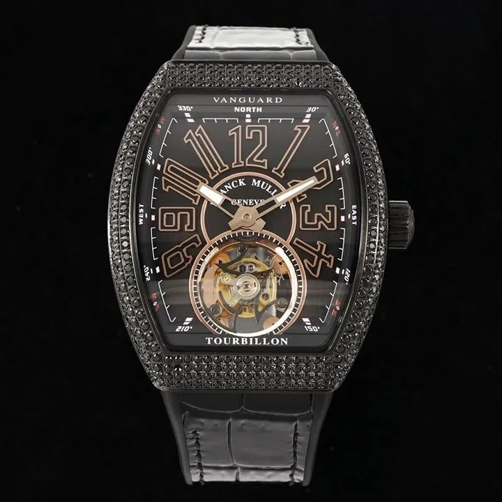 RMS factory Frank Muller men's watch black dial diamond rose goldtourbillonleather strap model V45front live photo