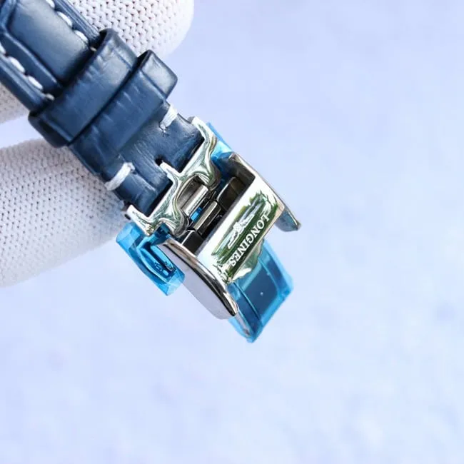 Longinestop-tier famous series ladies blue dial blue belt fully automatic movementleather strap watch front view