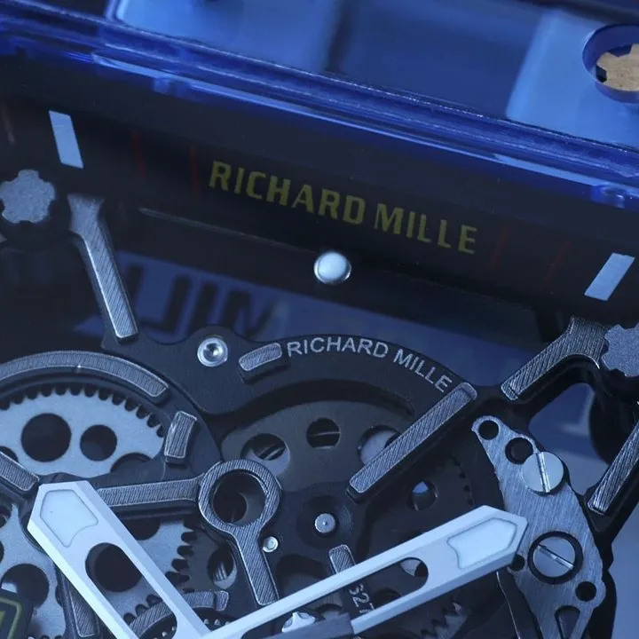 Richard Mille men's top-tier 1:1high-quality watch blue transparent hollow plate blue rubber model RM35-01front live photo