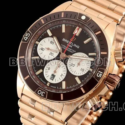 Breitling1:1replica watch TF factory mechanical chronograph brown plate 44mm rose goldsteel bracelet front live photo