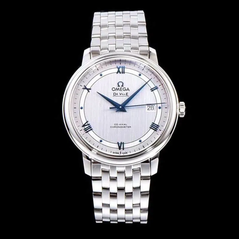 Omegahigh-quality watch De Ville series men's mechanical ultra-thin watch white steel track white face front view