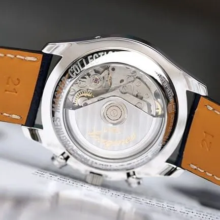 KL factory top-tier watch Longines men's white dial black belt famous craftsman moon phase series automatic movementleather strap watch front view