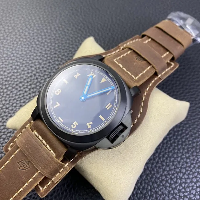HW F factory Paneraitop-tier watch men's black dial brown belt manual winding mechanical leather strap side view