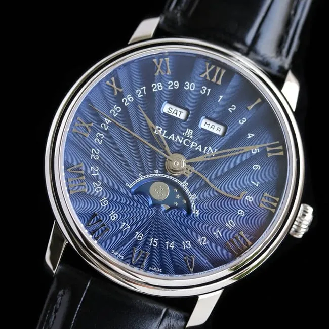 Blancpaintop-tier watchvilleret classic 6654moon phase display series men's blue dial black belt watch front view