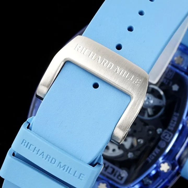 Richard Mille men's top-tier 1:1high-quality watch blue transparent hollow plate blue rubber model RM35-01front live photo