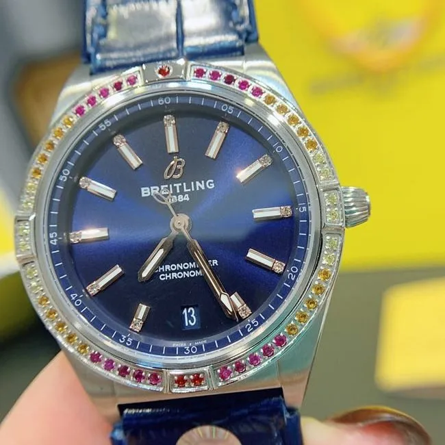 Breitlingtop-tier replicahigh-quality ladies blue dial blue belt automaticchronograph South China Sea capsule series leather strap watch front view