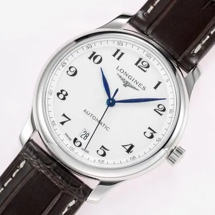 top-tier replicaLongines men's white dial brown belt new famous series leather strap mechanical watch side view